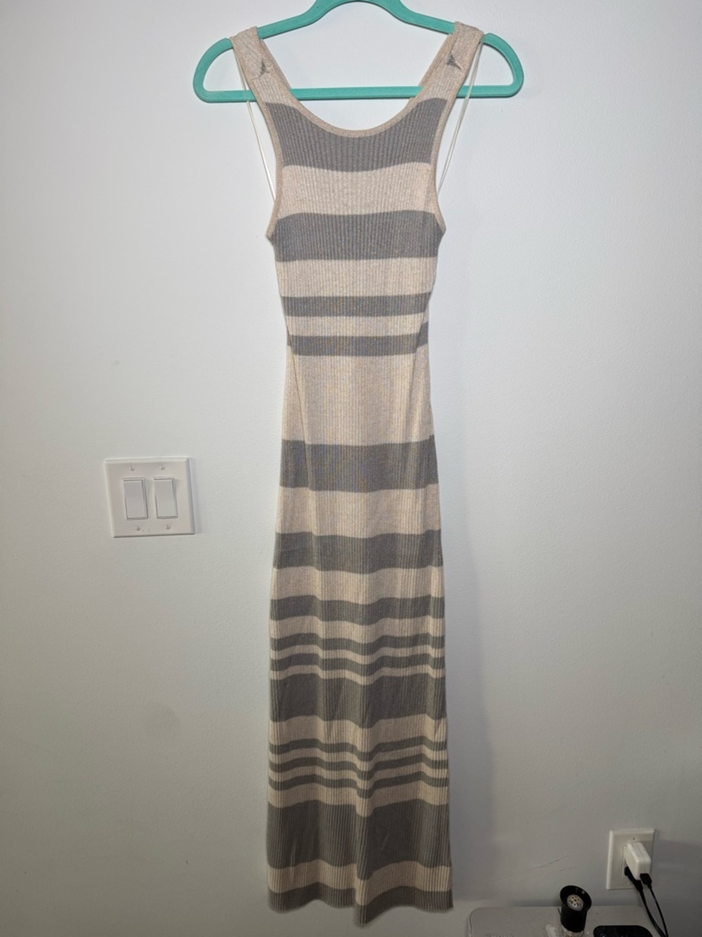 Vici Sleeveless Striped Ribbed Maxi Dress in Beige & Gray
